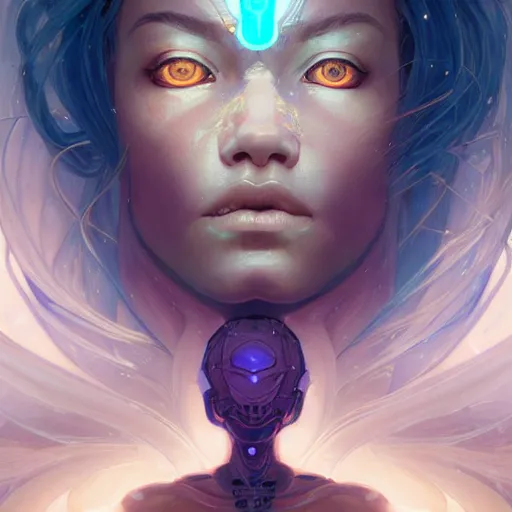 Image similar to cyborg, female, fantasy, bioluminiscence, flowing hair, portrait, highly detailed, digital painting, beautiful eyes, symmetry, concept art, sharp focus, illustration, art by artgerm and greg rutkowski and magali villeneuve and ilya kuvshinov! : : alphonse mucha : : - 0. 2