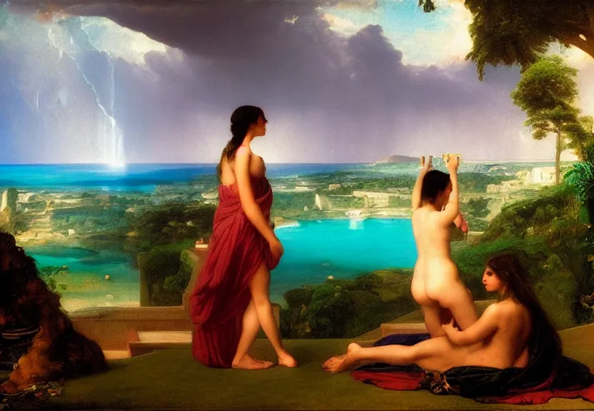 Image similar to Girl at the palace, refracted sparkles, thunderstorm, greek pool, beach and Tropical vegetation on the background major arcana sky, by paul delaroche, hyperrealistic 4k uhd, award-winning, very very very detailed