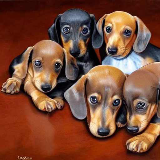 Image similar to color painting of many dachshund puppies cuddling together on the living room floor,