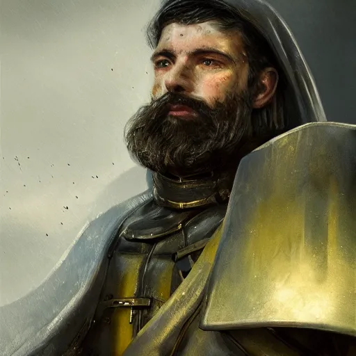 Image similar to Closeup of frustrated male medieval sergeant with a {short} beard wearing a black!!!! and yellow tabard over a steel breastplate and a black gambeson looking up from a map on a table, intricate, dramatic lighting illustration by Greg Rutkowski, ArtStation, digital art, fantasy