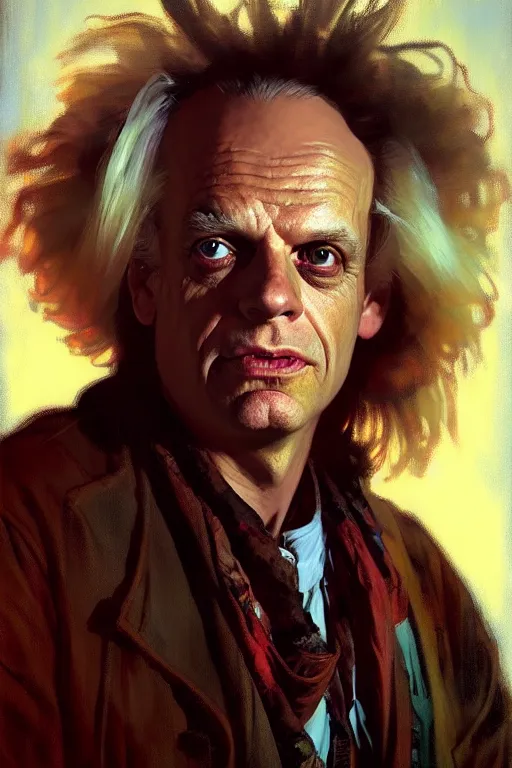 Image similar to hyperrealist portrait of doc brown by jeremy mann and alphonse mucha, fantasy art, photo realistic, dynamic lighting, artstation, poster, volumetric lighting, very detailed faces, 4 k, award winning