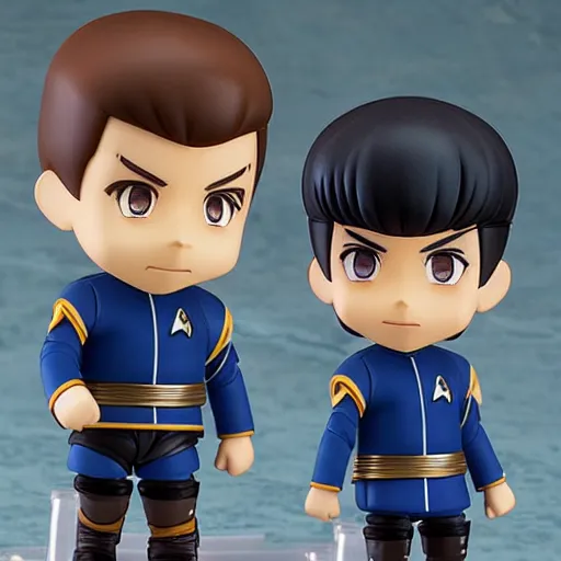 Prompt: spock from the tv series star trek as an anime nendoroid, serious look, pointed ears, spock haircut, detailed product photo