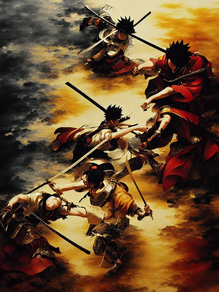 Image similar to baroque oil painting of key visual samurai duel, samurai armor, rain, brutalist fantasy, rule of thirds golden ratio, fake detail, trending pixiv fanbox, acrylic palette knife, style of makoto shinkai takashi takeuchi yoshiyuki sadamoto