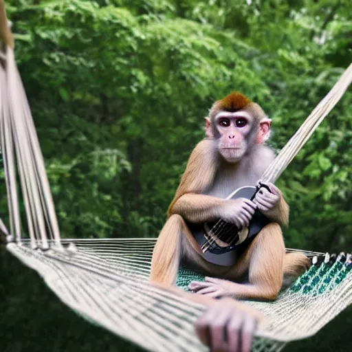 Image similar to a monkey playing the guitar while in a hammock, photorealistic, 4 k