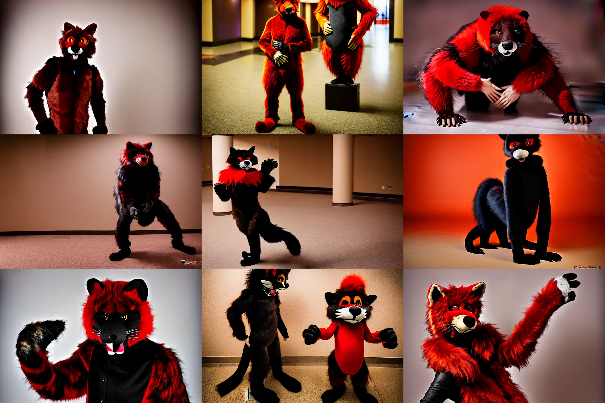 Image similar to fullbody photoshoot photo portrait of a roguish male red - black furred bipedal weasel furry fursona / fursuiter, photorealistic, taken at midwest furfest