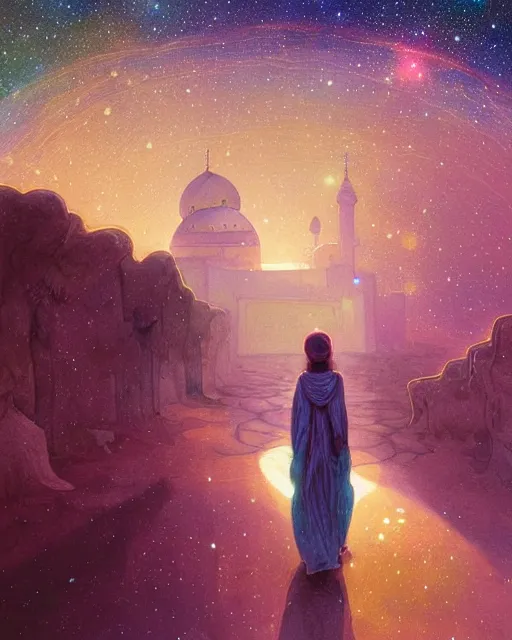 Image similar to bedouin child praying in galaxy walking towards mosque surrounded by nebula, highly detailed, gold filigree, romantic storybook fantasy, soft cinematic lighting, award, disney concept art watercolor illustration by mandy jurgens and alphonse mucha and alena aenami, pastel color palette, featured on artstation