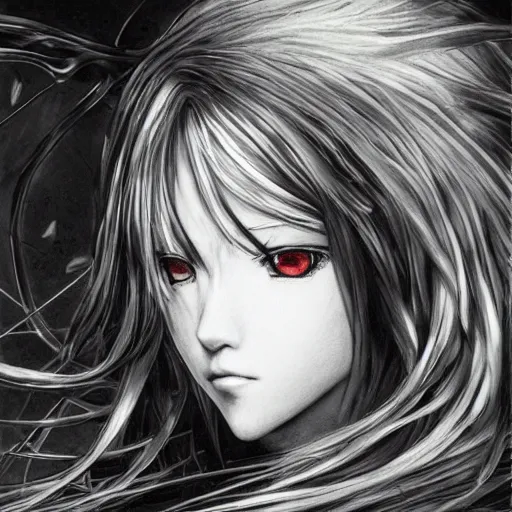 Image similar to yoshitaka amano realistic illustration of an anime girl with wavy white hair and cracks on her face wearing elden ring armour with the cape fluttering in the wind, abstract black and white patterns on the background, noisy film grain effect, highly detailed, renaissance oil painting, weird portrait angle