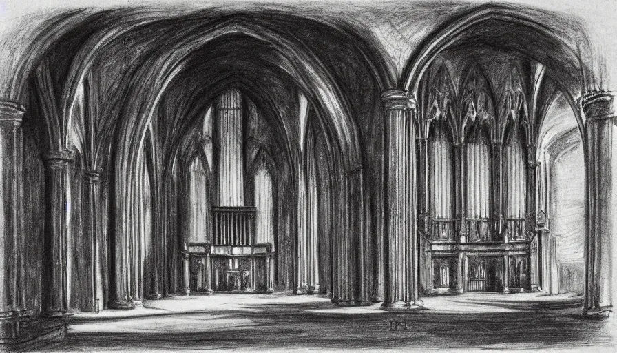 Image similar to pipe organ in a sunken cathedral, 1 9 th century charcoal and pencil drawing, high detail, high contrast