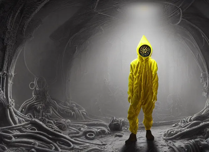 Prompt: a man in a yellow hazmat suit with a highly detailed Cthulhu Eldritch demon with many eyes and tentacles in an underground brutalist storeroom, highly detailed, intricate, cinematic, wide angle, grime, symmetrical and centered, front facing camera, epic lighting, Unreal engine render in 8k by Zdzslaw Beksinski and Wayne Barlowe