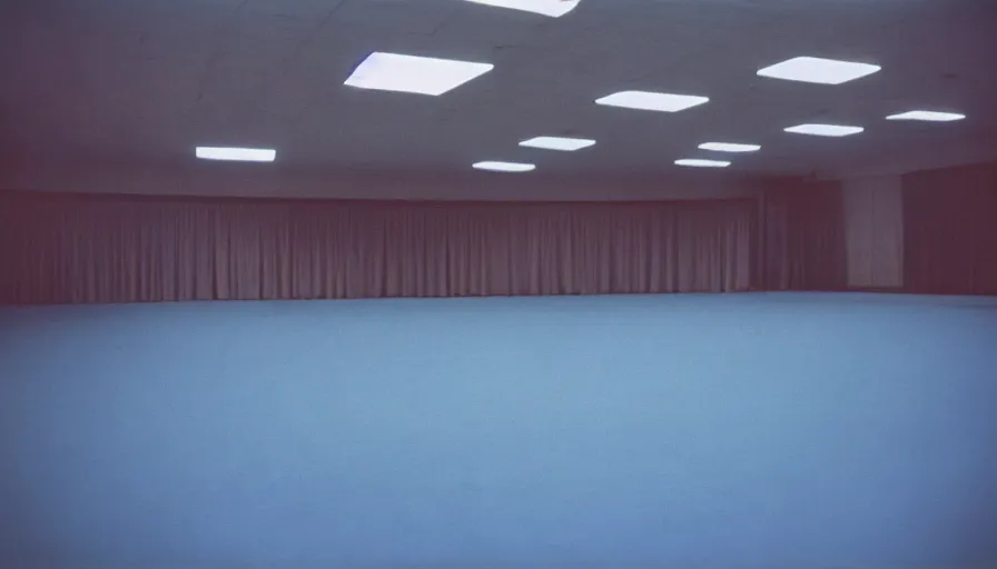 Image similar to 60s movie still of a sovietic stalinist style empty blue ballroom with one man standing, cinestill 800t 50mm eastmancolor, liminal Space style, heavy grain-s 150