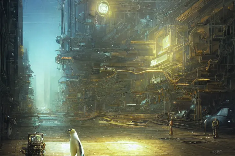 Image similar to A solarpunk very highly detailed Anthropomorphic cybertronic penguin with very highly detailed face on the street of a very highly detailed solarpunk sci-fi city digital rational painting art by Greg Rutkowski, sci-fi highly detailed, digital concept art, Dimensional cyan gold natural light, sharp focus, Golden Ratio illustration, realistic concept art by Stephen Hickman and James Gurney and Hiromasa Ogura Ghost in the Shell rendered in Octane Render, From the distance
