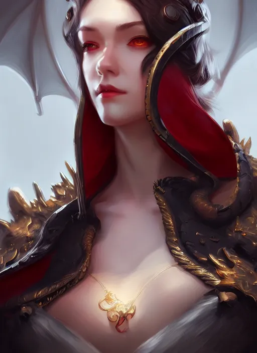 Image similar to beautiful and cool female dragon tamer, wide angle view, black, white, gold, red colors, shiny, highly detailed, artgerm, cushart krenz, artstation, soft light, sharp focus, illustration, character design, concept art