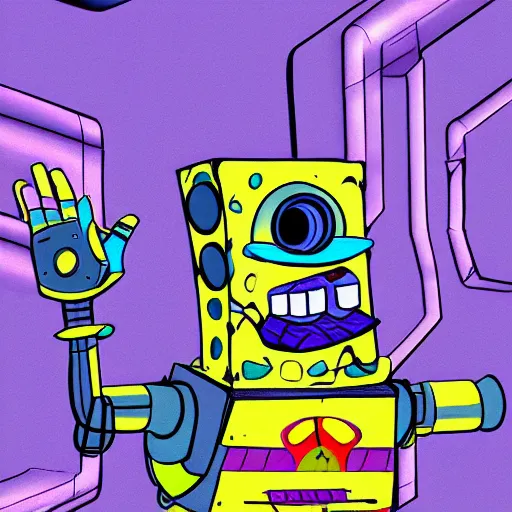 Image similar to cyberpunk robotic spongebob, sharp lines, digital, artstation, colored in