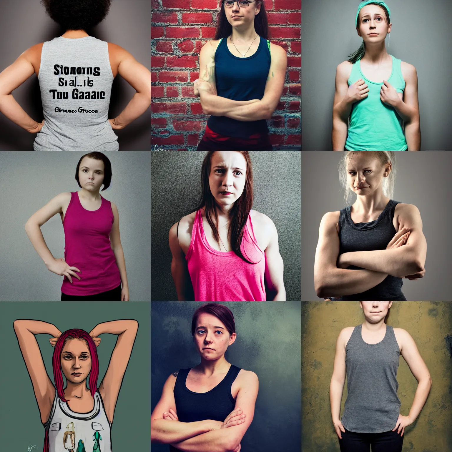 Prompt: a strong young woman with her arms crossed wearing a tank top, a character portrait by grace english, reddit contest winner, private press, adafruit, studio portrait, elite