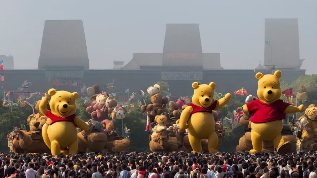 Prompt: giant winnie the pooh bear walking in the tiananmen square parade with tanks and icbm missiles. andreas achenbach, artgerm, mikko lagerstedt, zack snyder, tokujin yoshioka