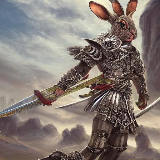 Prompt: Multiple angry Rabbits carrying giant swords gathering on a beautiful plain, insanely detailed and intricate, hypermaximalist, elegant, ornate, hyper realistic, super detailed, Art Deco, cinematic, trending on artstation, magic the gathering artwork, centered