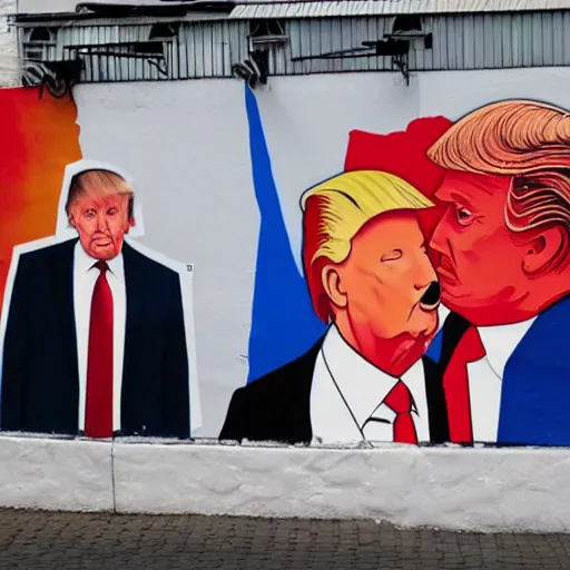 Image similar to trump and putin kissing in a mural in moscow