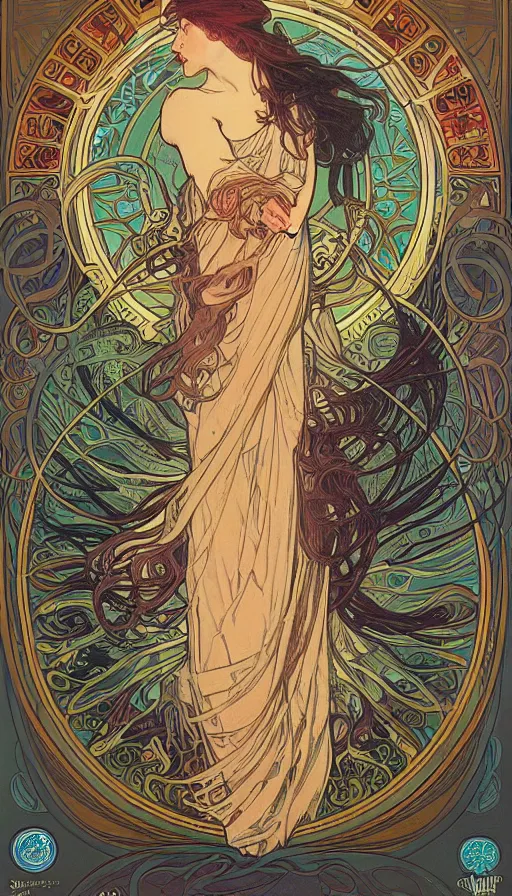 Image similar to The oracle of the dreaming, alphonse mucha, da vinci, Dan Mumford, Josan Gonzalez