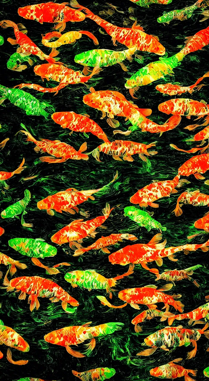 Image similar to a photograph of a Pond filled with Xenomorph skin Koi fish, dim volumetric lighting, lime green lighting, in style of H.R Giger, grainy, 50mm film, noise, sharp focus, motion, high exposure, hd, 8k resolution