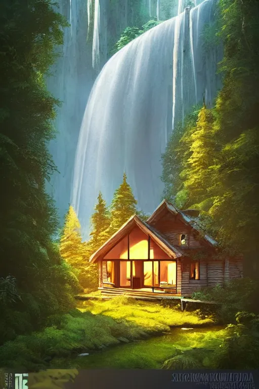 Image similar to scandinavian house in the forest on a hill, pixar, a waterfall flows down from the mountain in the background, vector art, fabulous, global illumination, warm lighting, by jordan grimmer