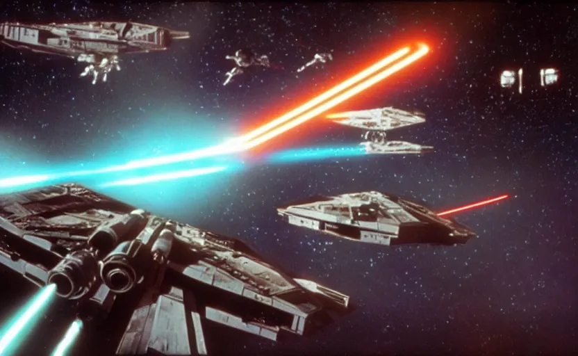 Image similar to iconic cinematic screen shot of scene x wing space battle against new tie fighter desing, from the action packed scene from the 1 9 7 0 s star wars sci fi film by stanley kubrick, glowing lasers, kodak film stock, anamorphic lenses 2 4 mm, lens flare, iconic cinematography, award winning