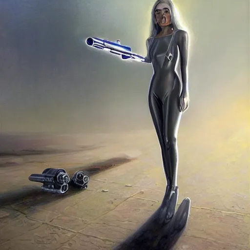 Image similar to pleiadian woman with big eyes and long silver hair wearing a dark body suit and holding a plasma gun as a realistic sci fi character, portrait art by donato giancola and greg rutkowski, digital art, trending on artstation, standing in a barren field, silver hair