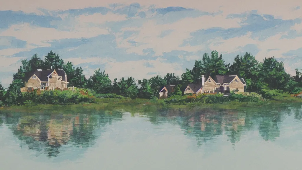 Prompt: a house on a lake. gouache artwork.