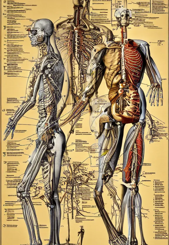 Prompt: highly detailed labeled medical anatomy poster of a robotic ent + anatomical drawing on poster paper with notes + well - lit, ray tracing, detailed + mechanism, ent, tree forbidden - knowledge, intricate details, gold and silver ink