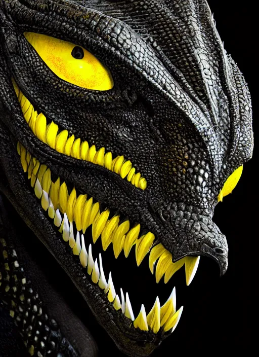 Image similar to closeup portrait of black dragon head with yellow eyes, ultra realistic, fantasy, magic, dnd,