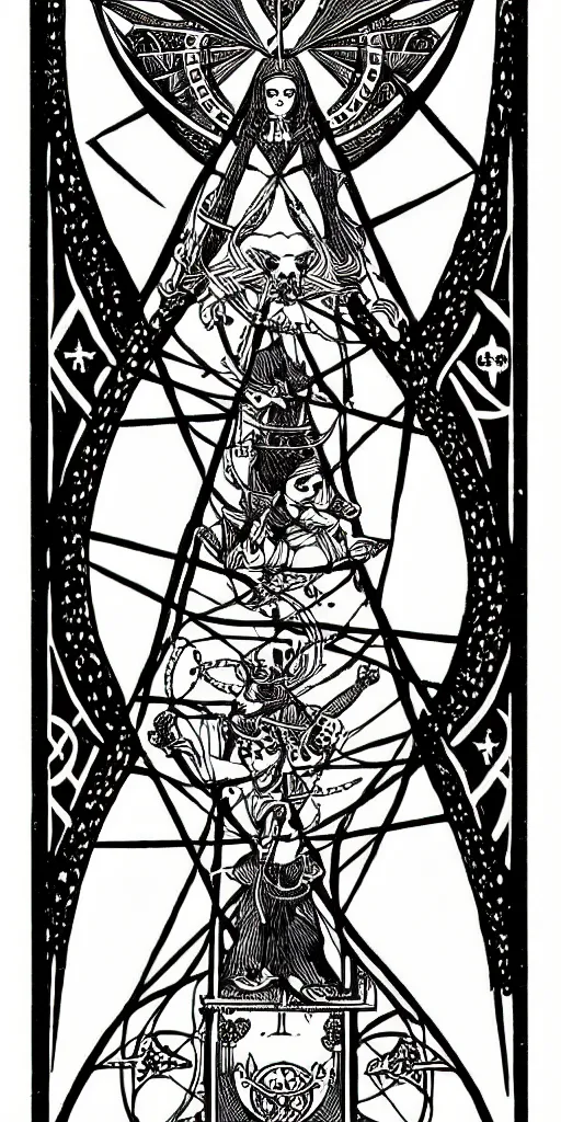 Image similar to a beautiful black and white fractal tarot card featuring bold occult imagery with clean lines. female demon.