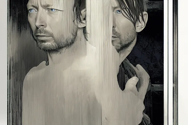 Prompt: hyper realistic portrait of thom yorke singer songwriter, side, opening a door, reflections, by lee bermejo, alphonse mucha and greg rutkowski