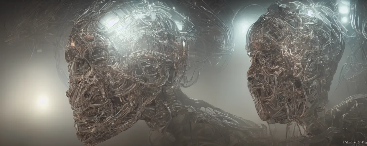 Image similar to realistic illustration portrait of a CPU-face with neural implants designed by Hajime Sorayama and frank gehry, inside moody detailed alien interiors, backlit fog, designed by Larry Elmore Kerlaft and Pixar, photorealistic, octane render, studio lighting, 8k, hd
