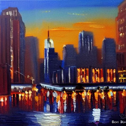 Prompt: a beautiful oil painting of the new york city town square at night, by bob ross