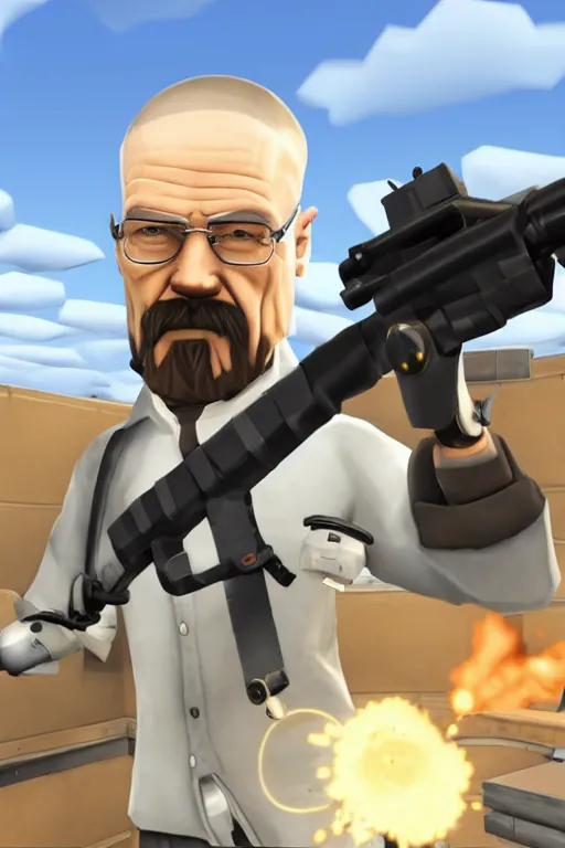 Image similar to Walter White in Team Fortress 2 firing a minigun, in the style of TF2, Gameplay