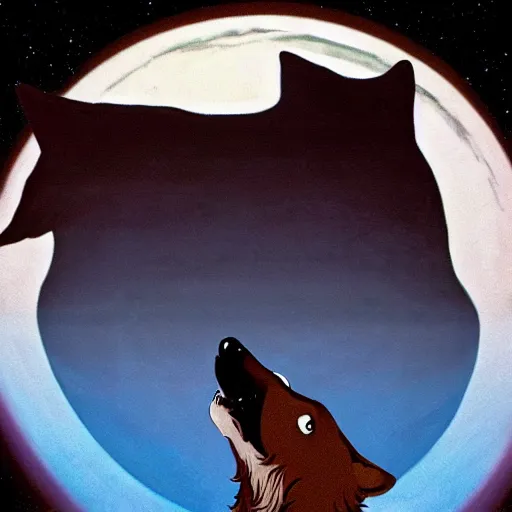 Prompt: a close up of a wolf howling at the night sky with the planet Saturn, dark Sci Fi, stylized, painting by Norman Rockwell, trending on artstation