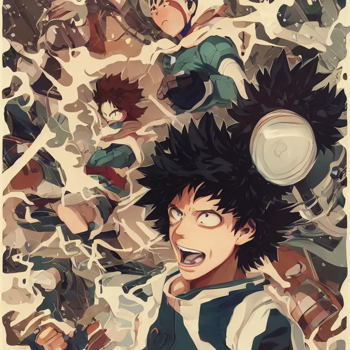 Image similar to anime portrait deku my hero academia futuristic science fiction, mucha, hard shadows and strong rim light, art by jc leyendecker and atey ghailan and sachin teng