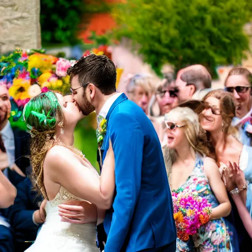 Image similar to the groom kisses the bride at a wedding full of flowers, bright and happy, art, highly detail, 4 k realistic, wedding photo, by charles angrand