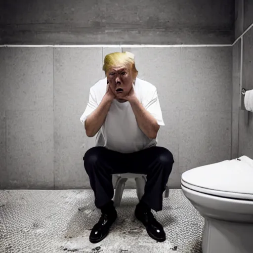 Image similar to a disheveled Donald Trump crying profusely in prison clothing sitting on a toilet in prison. wide angle. The floor is covered in garbage. candid photograph.