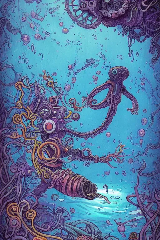 Prompt: a picture of mysterious colourful underwater creature, being discovered by a man in a steampunk diving suit. water is deep aquamarine coloured. poster art by james jean, concept art, behance contest winner, very detailed, award - winning. lovecraftian, cosmic horror, bioluminescence, submechanophobia