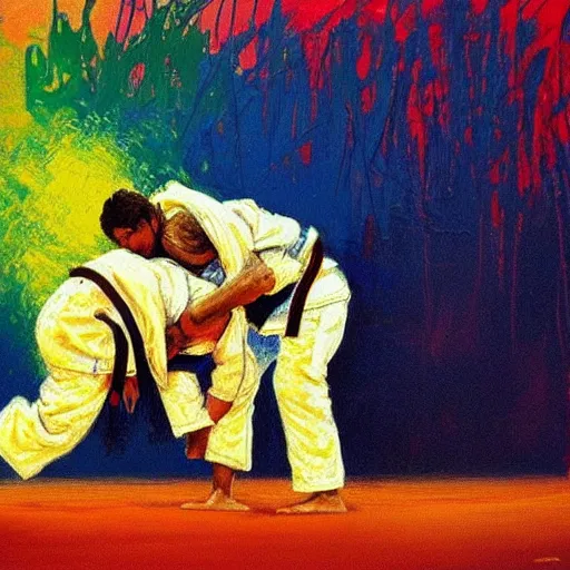 Image similar to judoka by leroy neiman, intricate, ultra detailed painting, atmospheric lighting, golden hour