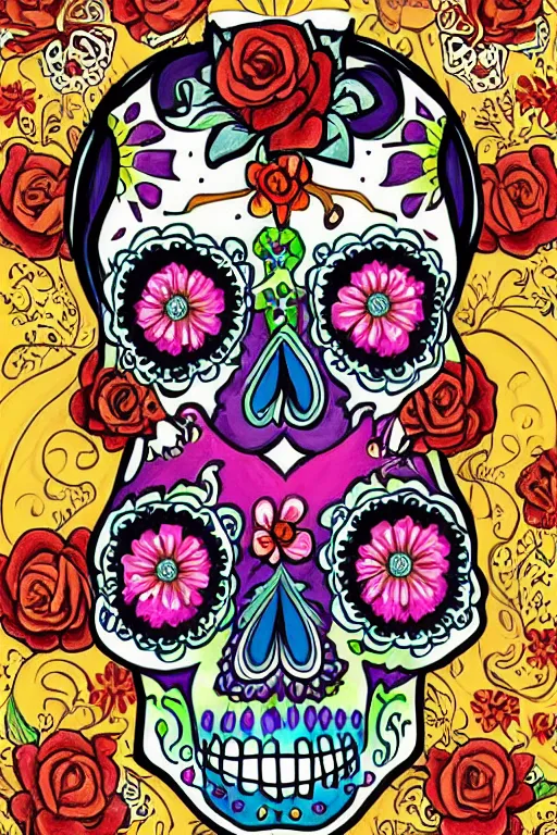 Image similar to illustration of a sugar skull day of the dead girl, art by stephen bliss