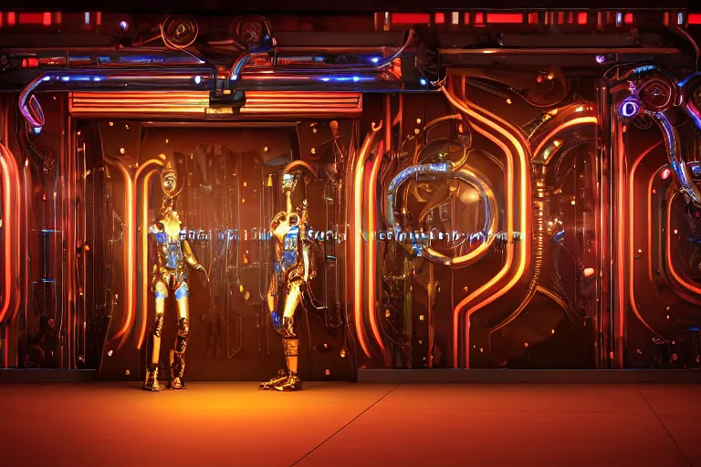 Image similar to entrance door to a futuristic nightclub, in front of the door are 7 golden and blue metal humanoid steampunk robots wearing and gears and tubes, eyes are glowing red lightbulbs, shiny crisp finish, 3 d render, 8 k, insaneley detailed, fluorescent colors, background is back yrad of a nightclub, nightlight