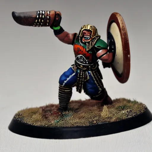 Prompt: warhammer miniature of a norse berserker throwing an american football