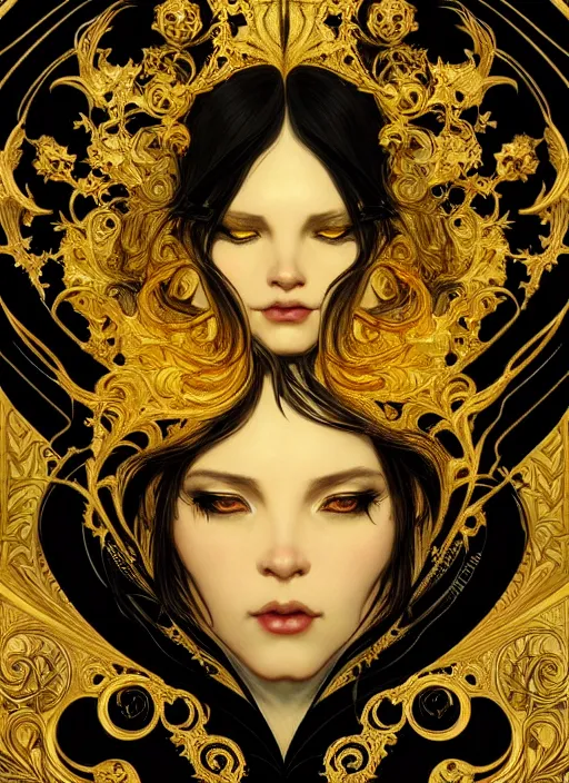 Prompt: beautiful black yellow, complicated gold the baroque style decoration, dark fantasy, intricate, elegant, highly detailed, digital painting, artstation, concept art, matte, 3 d 8 k octane rendered, sharp focus, illustration, octane rendered, art by artgerm and alphonse mucha, leesha hannigan, ross tran