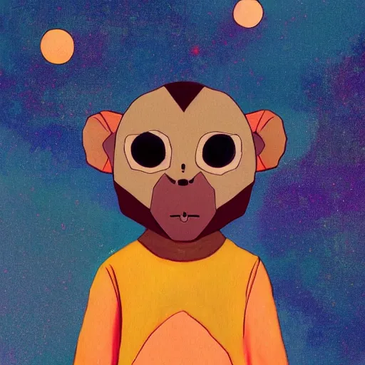 Image similar to a painting of a polygon art monkey portait by inio asano, aya takano color style, 4 k, super detailed, night sky, digital art, digital painting, celestial, majestic, colorful