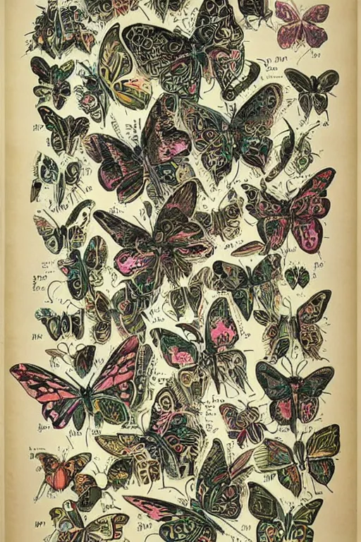 Prompt: vintage botanical poster of mechanical neon butterflies, extremely detailed, very intricate