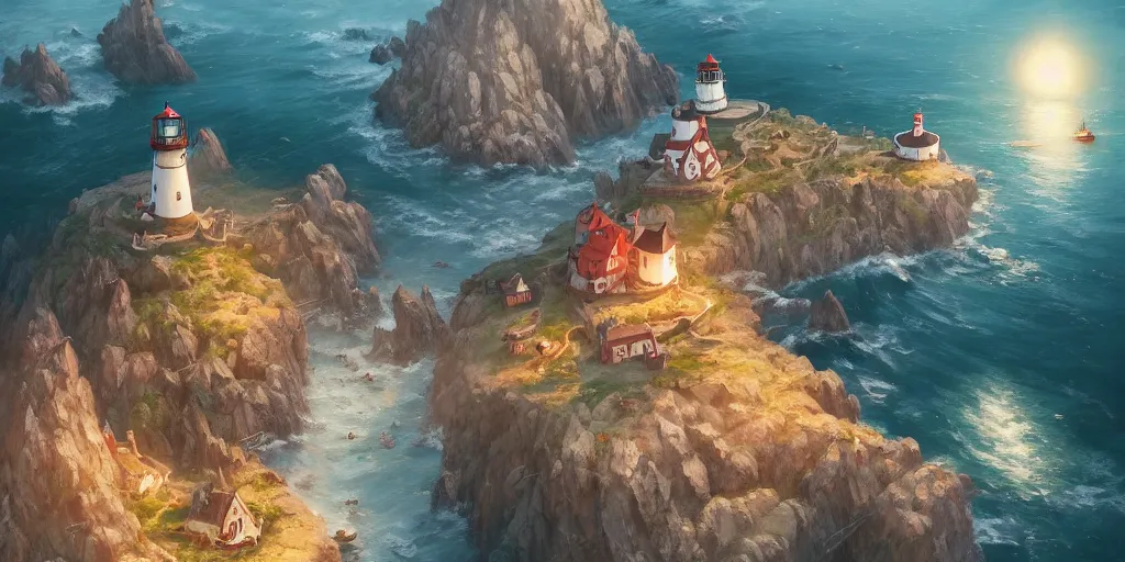 Image similar to Cozy small fantasy village on a cape with a lighthouse, fishing boats, view from above. In style of Greg Rutkowski, Jesper Ejsing, Makoto Shinkai, trending on ArtStation, fantasy, great composition, concept art, highly detailed, scenery, 8K, Behance.