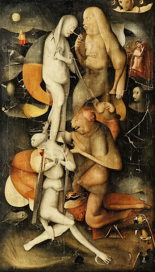 Image similar to two men who are secretly in love seperated by a deity, on one side is light on the other is darkness in the style of hieronymus bosch