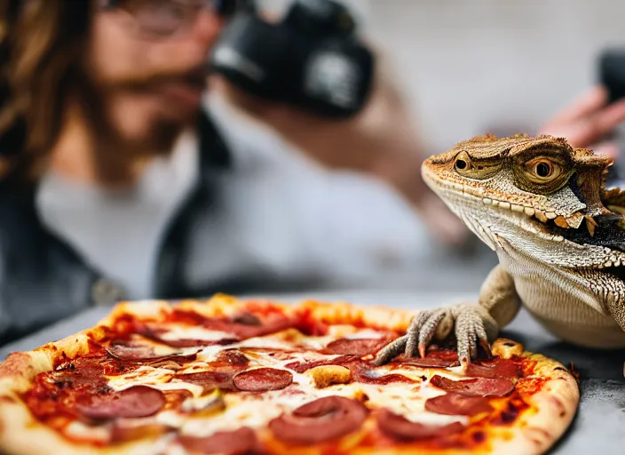 Prompt: dslr portrait still of a bearded dragon eating a peperoni pizza, 8 k 8 5 mm f 1. 4