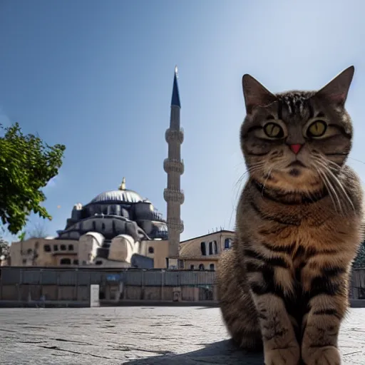 Image similar to A giant cat sitting next to a mosque in Istanbul, daytime, photorealistic, 4K, HD, award winning